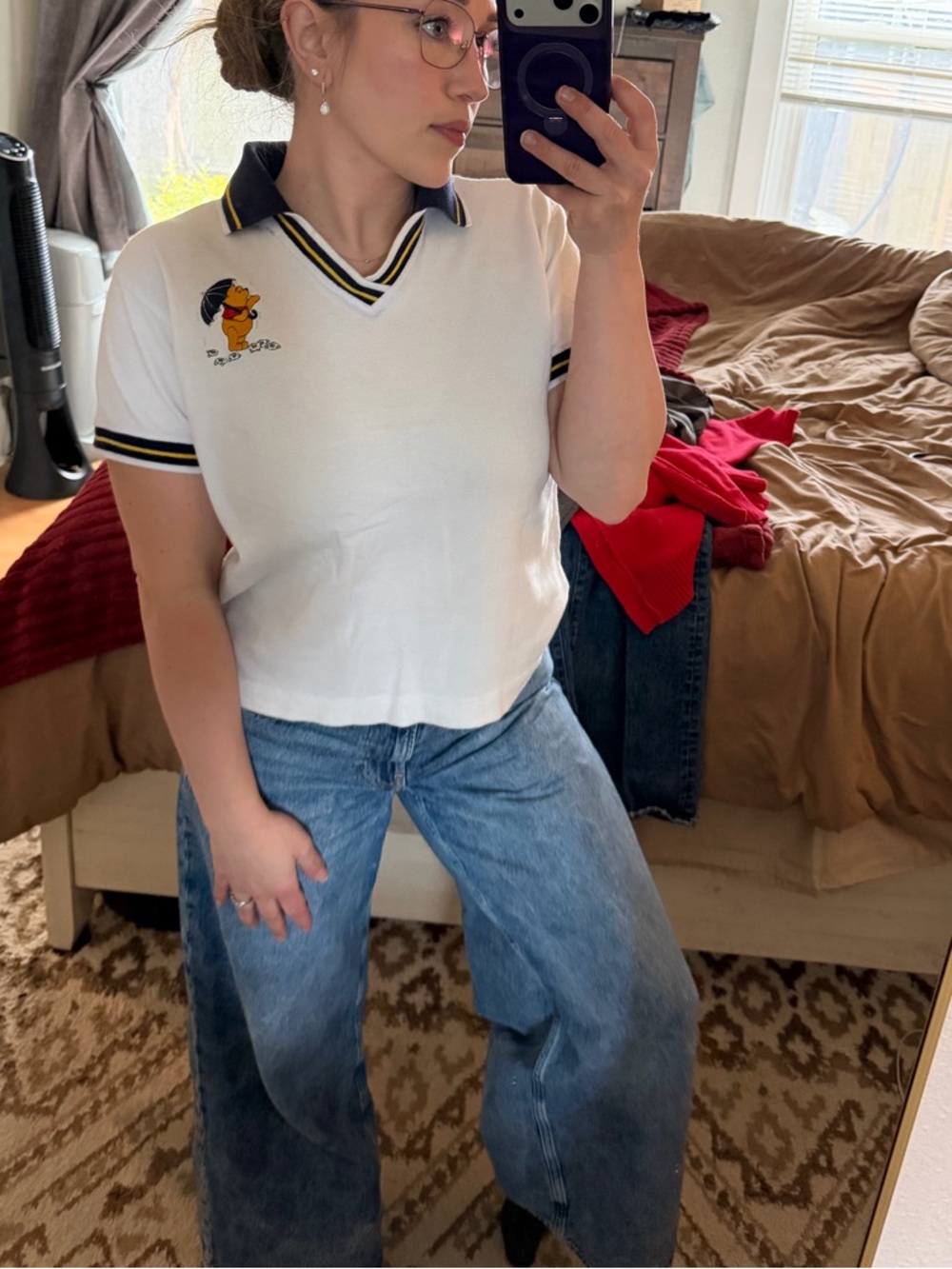 Vintage 90’s Disney Winnie the Pooh Polo Shirt White Embroidered Preppy Medium